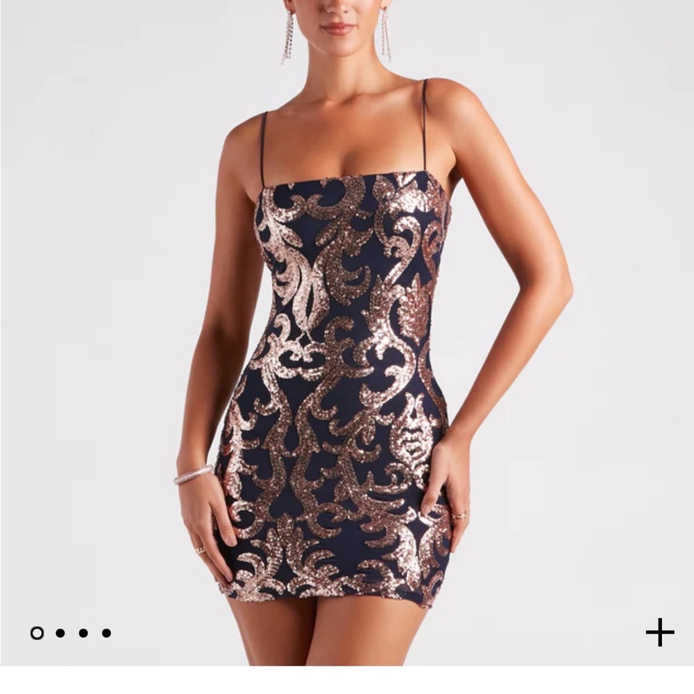 Elegant Navy and Gold Sequin Dress Euc